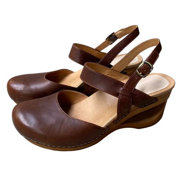 Dansko Taci Brown Leather Mary Jane Wedge Clogs EU 41 US 11 Cottage Boho Neutral - Picture 14 of 15